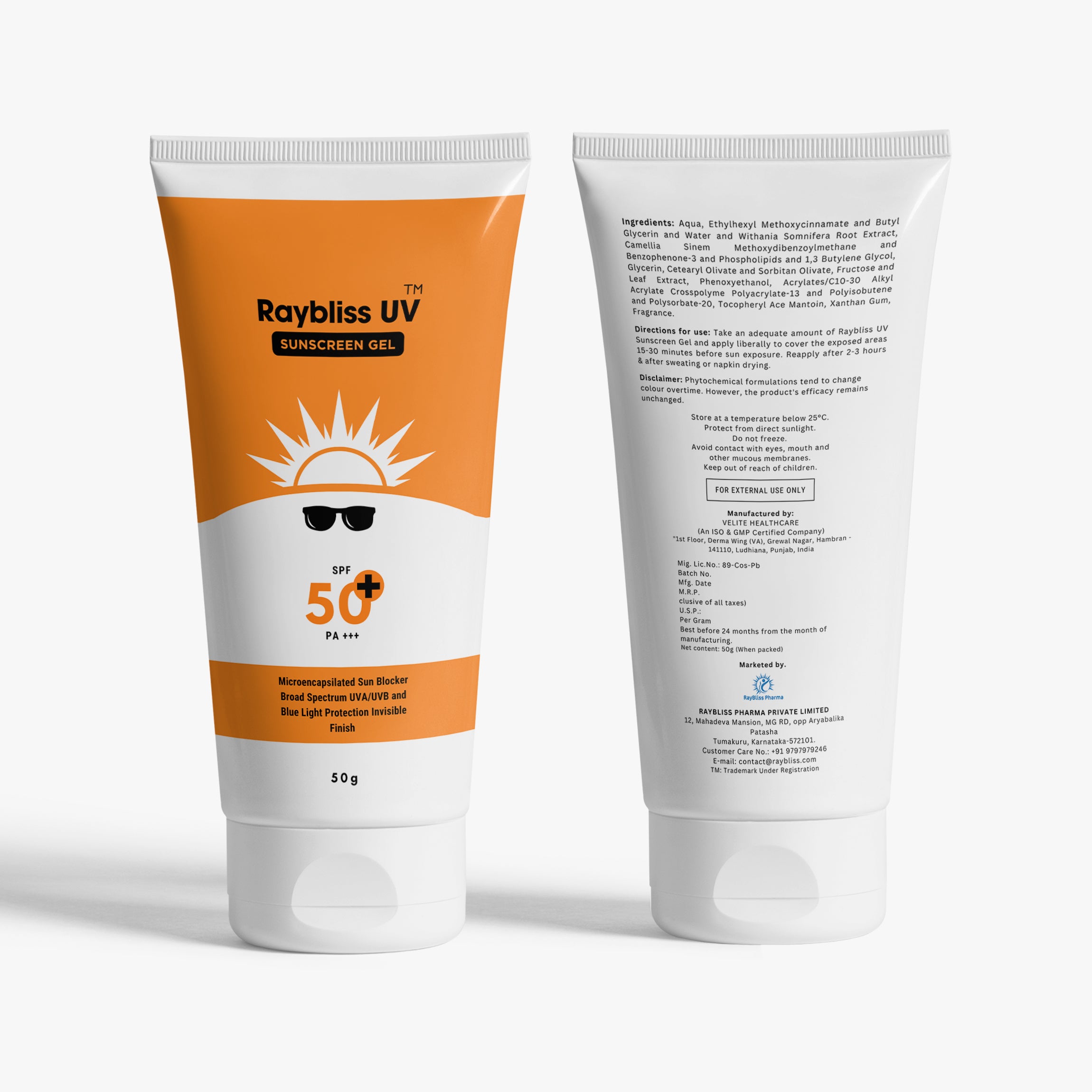 Raybliss UV Sunscreen Gel SPF50+ PA+++ | Matt Finish with No White Cast, Vitamin E and Ashwagandha