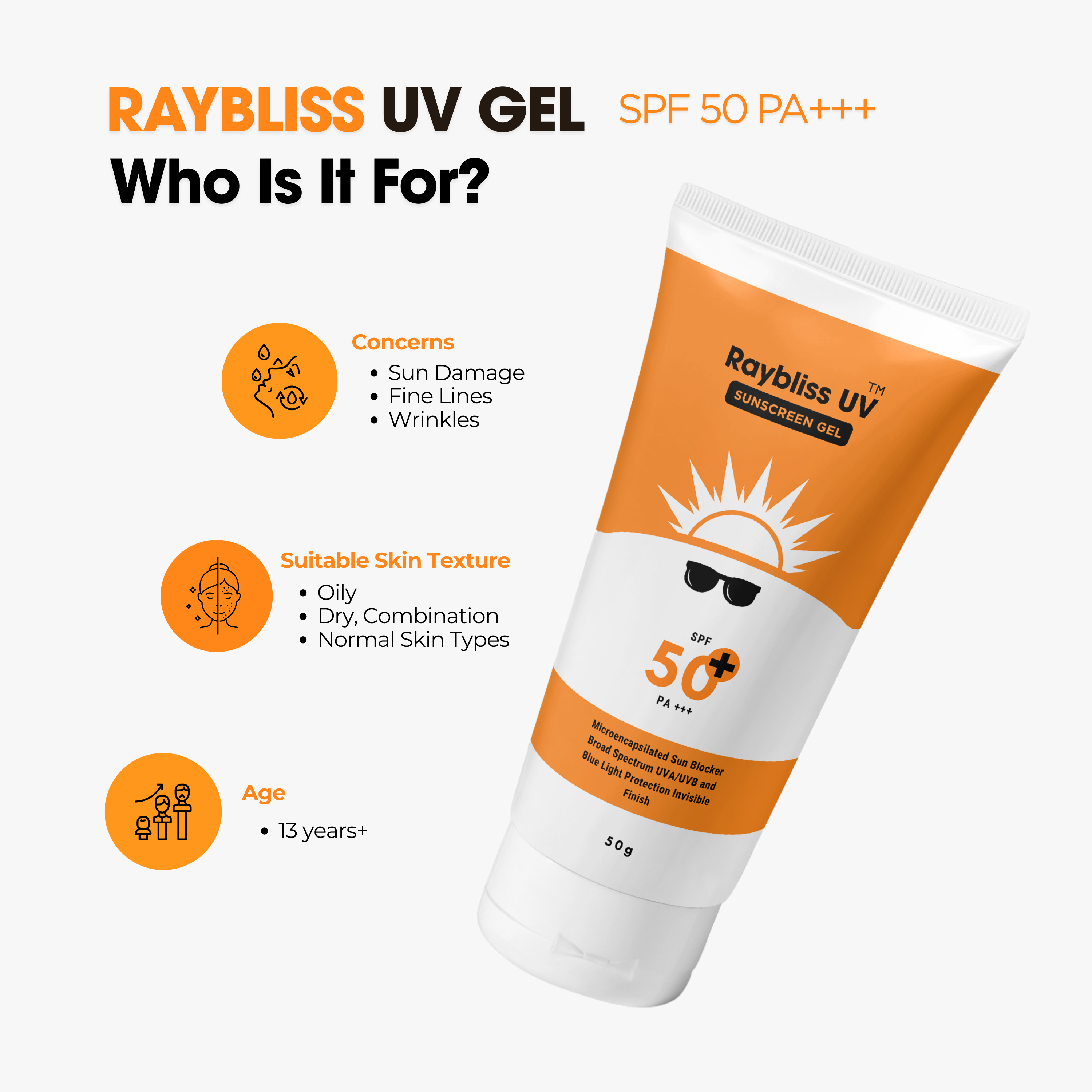 Raybliss UV Sunscreen Gel SPF50+ PA+++ | Matt Finish with No White Cast, Vitamin E and Ashwagandha