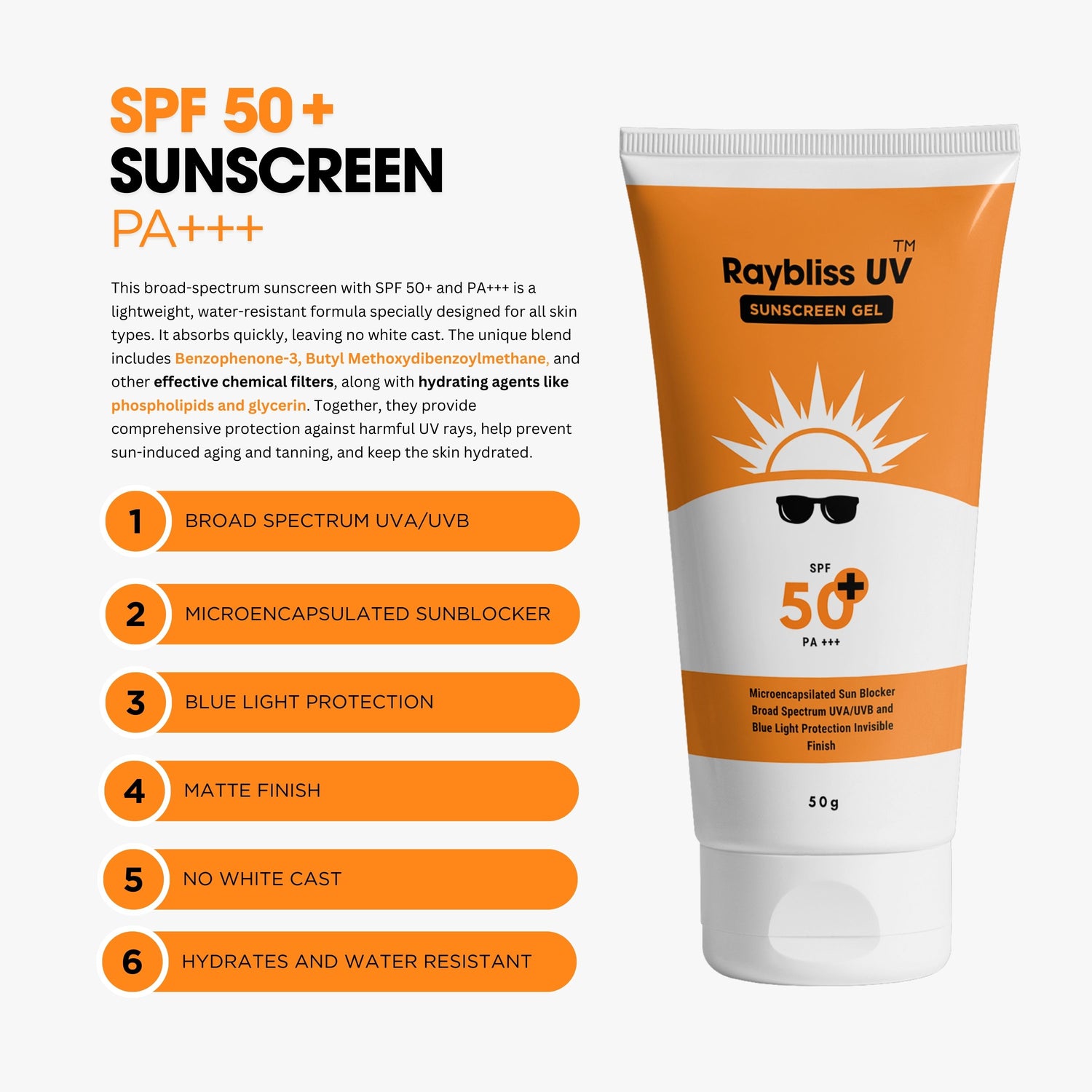 Raybliss UV Sunscreen Gel SPF50+ PA+++ | Matt Finish with No White Cast, Vitamin E and Ashwagandha